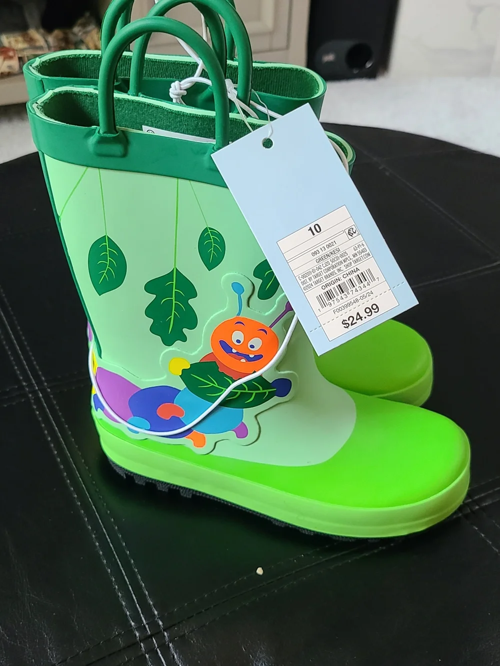 Cat & Jack Bright Green Caterpillar Rain Boots for Kids Size 10